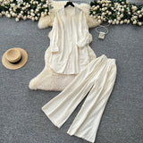 Fongt Casual Suit Women's Korean Version Of The Fashion Loose Long-Sleeved Shirt Dress High Waist Wide Leg Pants