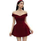 Fongt Festive Atmosphere Sexy Bareback Bow Red Velvet Temperament Waist Vest A-Character Dress