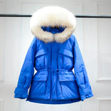 Huge Real Raccoon Fur Hooded Waterproof Winter Duck Down Jacket Women Fashion Female Parkas Sash Tie Up Puffer