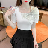 Fongt Shot Summer New Square Collar Short Sleeve Bow Bubble Sleeve Design Sense Joker Head Shirt Jacket-Outfit