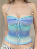 Fongt Summer Dopamine Girl Holiday Wind Gradient Stripes Hit The Rotten Wind Tied Wool Weaving Neck Small Vest