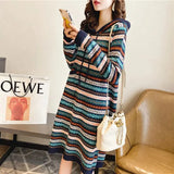 Folk Striped Knitted Dresses Female Clothing Casual Hooded Autumn Winter Commute Fashion Drawstring Straight Midi Dress-Outfit