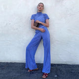 Fongt 2023 Summer New Thin T-Shirt High Waist Blue Pleated Floor Pants Casual Women's Fashion Suit-Outfit