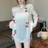 Fongt Summer Long Sleeve Design Sense Hollow Sunscreen In The Long Top With A New White Cherry Thin Knit-Outfit
