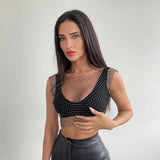 Sexy Mesh Crop Tops for Women 2023 Summer Rhinestones Fashion Party See Through Fishnet Tank Hollow Out Backless Top