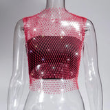 Fongt Nightclub Dresses Fishnet Hollow Out Rhinestone Vest Mesh Flash Diamond Sling Top