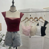 Real-Spat Thai-Style Small Design Mesh Yarn Draw-Folded Breast Sling Sling With Bra Cushion Short Sleeveless Top