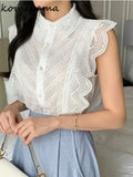 Ruffles Shirts & Blouses Turn Down Collar Blusas Sleeveless Camisas Gentle Ropa Mujer 2024 Summer Single Breasted Tops-Outfit