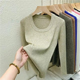 Photos U-neck Knitted Sweater For Women's Autumn Long Sleeved Top Girls Simple Base Jumper GT8311-Outfit