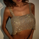 Sexy Gothic Crop Top Backless Bling Metallic Sequin Shiny Cute Tank Top Vest Rhinestone Night Club Party Summer