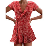 Fongt Summer Dress V Neck Flounce Type Tie A Line Show Thin Dress-Outfit