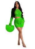 Fongt New Women's Casual Knit Hollow-Out Sequin Beach Skirt Two Sets-Outfit