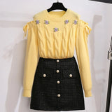 Women Autumn Winter Two Pieces Set Sweet Floral Embroidery Off The Shoulder Long Sleeve Knitted Sweater And Tweed Skirts