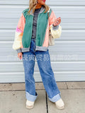 The Ins Hot Ladies Autumn Jacket Fresh Rainbow Color Pure Cotton Oversized Patchwork Baseball Suit-Outfit