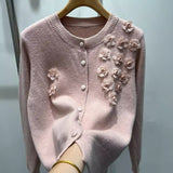 Fongt Flower Embroidery Design Blouse With Ocean Knitted Cardigan Long-Sleeved Temperament Minus Age Casual Sweater Woman