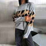 Fongt Leopard-Print Sweater Languid Wind Collar Loose-Fitting Fashion Casual Wear Autumn And Winter Top Woman