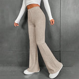 Fall New 2023 Solid Wide Pit Stripe Casual Knitted Wide-Legged Pants For Women Keep Warm In Autumn And Winter Streetwea-Outfit