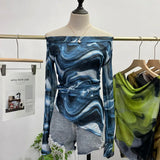 Fongt Dyed Printed Shoulder T-Shirt Design Sense Irregular Open Fork Thin Mesh Long Sleeve Top 8958
