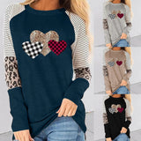 Fongt Women's Valentine's Day New Long-Sleeved Splicing Hot Casual T-Shirt Round-Neck Loose Top