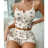 Heart-Shaped Eyelash Print Pajamas Set V-Neck Slings Shorts Ladies