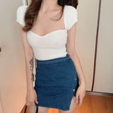 Fongt Wears Square Collar T-Shirt For Women's New Summer Ice Silk In Thin Slimming Small Short-Sleeved