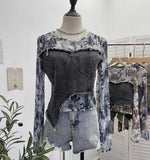 Fongt Shooting Tie-Dye Print Spliced Denim T-Shirt Girl Autumn Design Sense Irregular Hair Side Short-Sleeved Top 2617