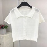 Sweater Women's 2024 Summer Korean Version Of Single-Breasted Polo Collar Knitted T-Shirt Short Style Short-Sleeved Blouse-Outfit