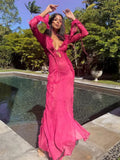 Through Maxi Dresses for Women 2023 V Neck Split Bodycon Mesh Dress Long Sleeve See Through Cover-Ups for Beach