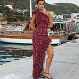 Fongt New Women's Sexy Slanted Shoulder Lotus Side Print Irregular Dress Women