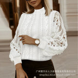 2023 New Women's Fashion Print Hollow Pattern Stitching Lantern Sleeve Sweater-Outfit