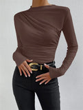 Fongt Solid Color Trim Bottom Shirt Folding Design Long-Sleeved T-Shirt Lady Top