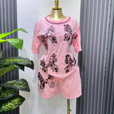 Fongt Set European Dress Design Butterfly Set Drill Short Sleeve T-Shirt Blouse Woman + Tight Waist Broad Leg Shorts Two Sets