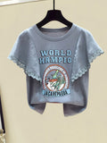 Women Summer Two Pieces Set Korean Casual Ruffles Lace Patchwork Letter Print Top And Wide Leg Denim Pants