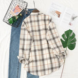 New Women Vintage Oversize Flannel Plaid Shirt With Pockets Full Sleeve Turn Down Collar Blouse Casual Basic Tops