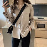 Arrival Women Solid Gray Blouse Batwing Long Sleeve Pockets Oversize Shirt Turn-Down Collar Top Blusa Femenina