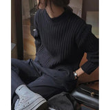 Cropped Sweater Women Vintage Striped Knitted Pullovers Harajuku Korean Slim Knitwear Japanese Black Casual Jumper-Outfit