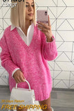 Knitted Pink Pullovers Sweater Female Vintage Solid V Neck Sweater Jumper Autumn Winter Tops Casual Cozy Sweater