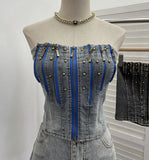 Fongt Shooting Retro Do Old Zipper Niche Vest Rivet Water Wash Denim Braid Short Open Shirt Wrapped Brae 8901