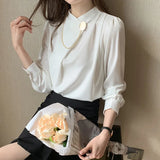 Women's Shirts Solid Satin Blouses for Women Chain Asymmetric Blouse Women Long Sleeve Top White O-neck Female 2023 Basic