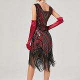 Sequin Beaded Art Deco Flapper Dresses 20s Great Gatsby Party Fringe Dress V-Neck Sleeveless Embroidery Midi Dress-Outfit