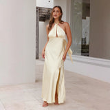 Fongt Spring Summer New Women's Sexy Waist Hanging Neck Open Fork Long Color Sleeveless Dress Woman