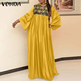 Women Kaftan Dress 2022 VONDA Vintage Long Sleeve Embroidery Mesh Dress Autumn Robes Longues Oversized Robe