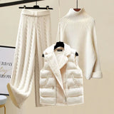 Warm 3 Piece Sets Womens Outfits Office Ladies Turtleneck Knitted Sweater+woolen Parkas Vest+wide Leg Knitting Pants