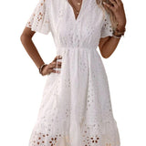 Fongt Fashion Hot White Cotton Embroidered Lace Hollow Dress