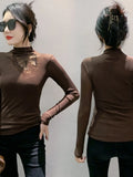 New Half Turtleneck Long Sleeve Diamond Mesh T-shirt Women's Slim Fit Base Black TShirts BH9739-Outfit