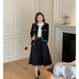 Tweed Cropped Jackets Women Elegant Black Coat Korean Thicken Warm Single Breasted Blazer Casual Short Outerwear Tops-Outfit