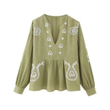 Fongt Spring V-Neck Lantern Sleeves National Style Embroidery Shirt Trend Sleeves