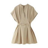 Fongt Spring New Fashion Solid Color Collar Design With Belt 100 Folds Short Dress Dress