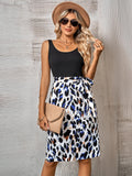 Fongt Spring And Summer Leisure New Women's Fashion Round Collar Patchwork Print Sleeveless Dress-Outfit
