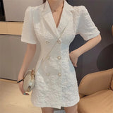 Summer New Suit Dress Women's Korean Style Puff Sleeve Waist Slim Double-breasted Temperament Skirt Vestidos-Outfit
